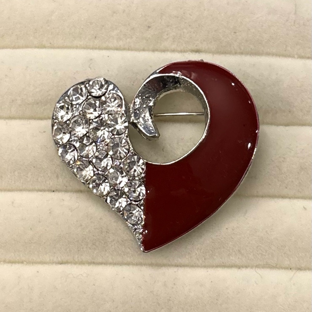 Vintage Silver Tone Heart Brooch Red Enamel Clear Pave-set Crystals Swirly